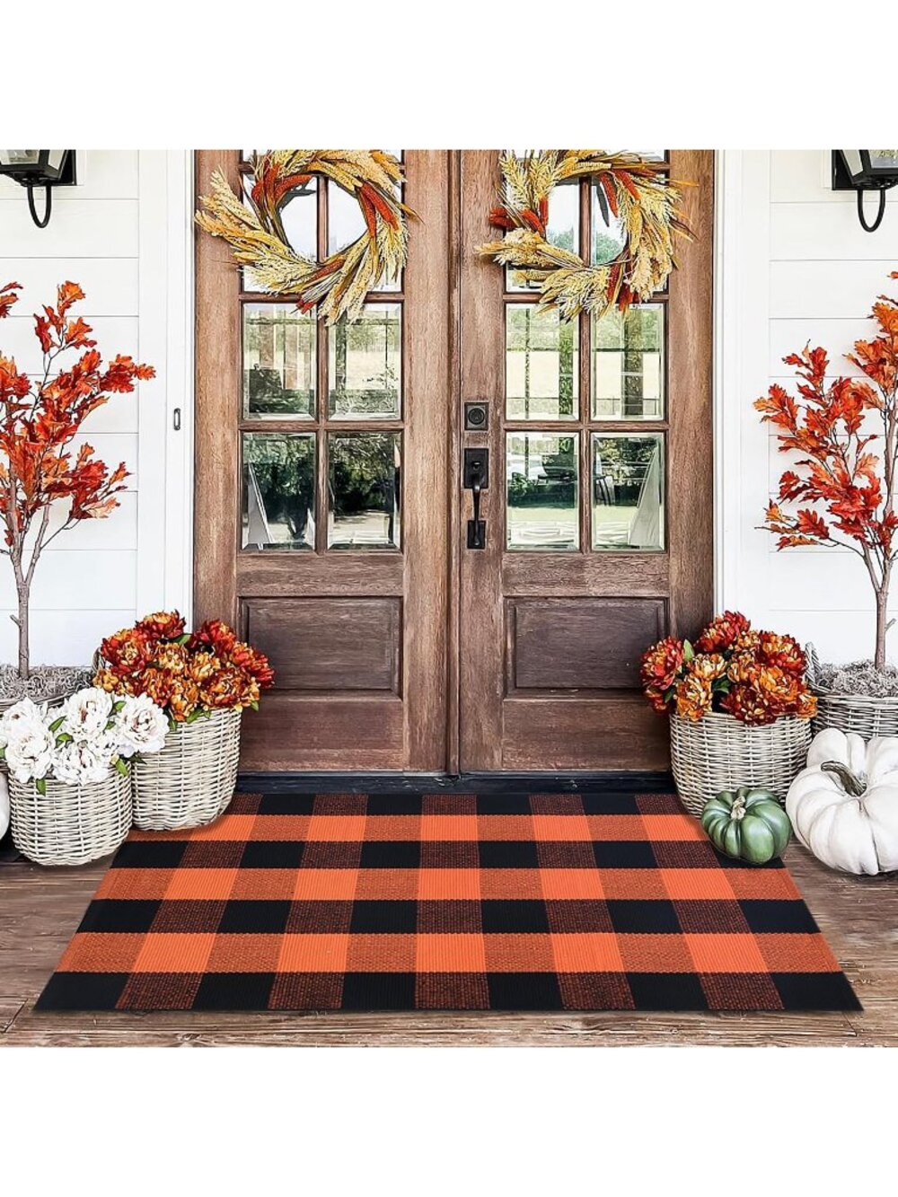 New Orange and Black Plaid Rug, 28'' x 43'' Fall Outdoor Front Door Decor